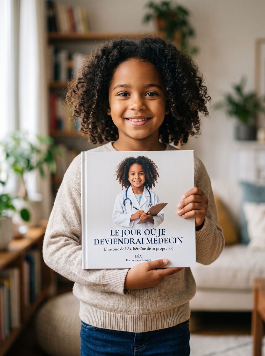 Léa tenant son livre personnalisé, Le Jour où Je Deviendrai Médecin