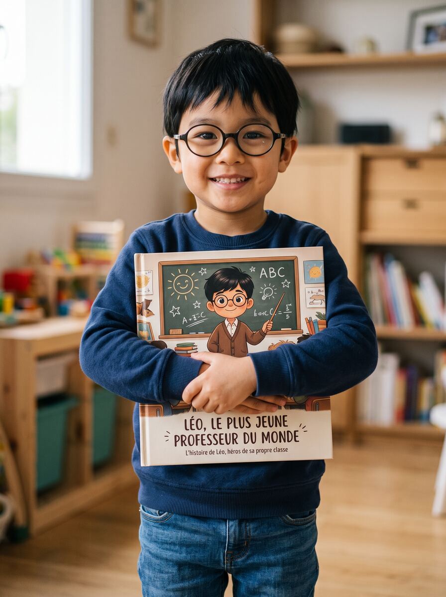 Léo tenant son livre personnalisé, Le Plus Jeune Professeur du Monde