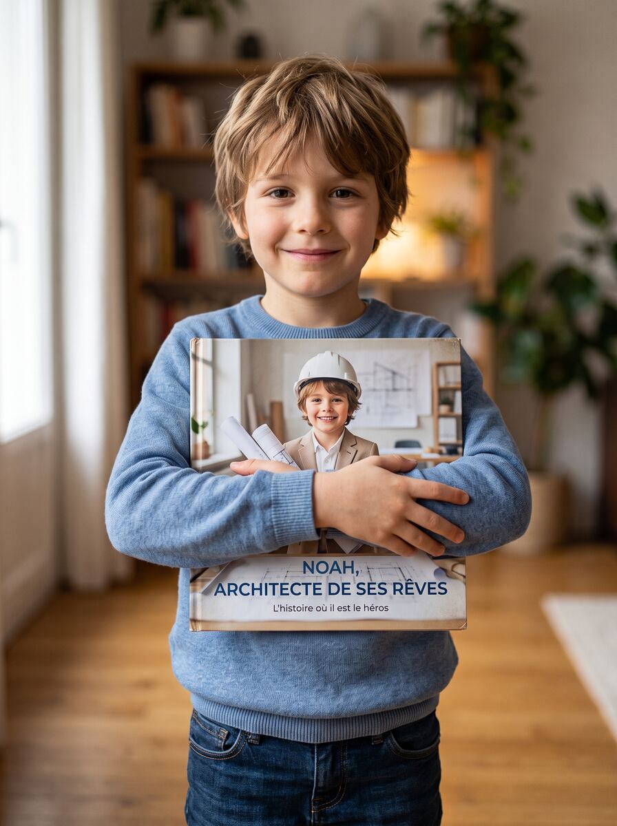 Noah tenant son livre personnalisé, Architecte de ses Rêves